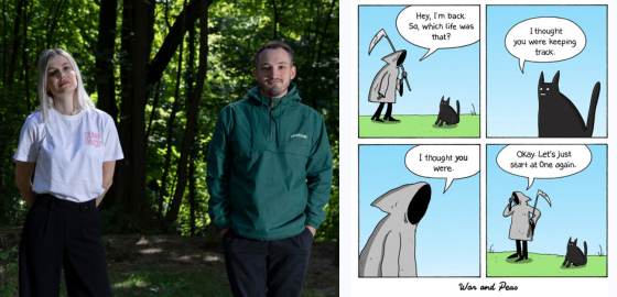 Portrait von Elizabeth Pich und Jonathan Kunz. Daneben ein Beispiel für ihre Comics.