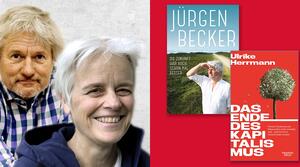 Jürgen Becker und Ulrike Herrmann im Portrait, daneben die beiden Bücher „Das Ende des Kapitalismus“ oder „Die Zukunft war auch schon mal besser“