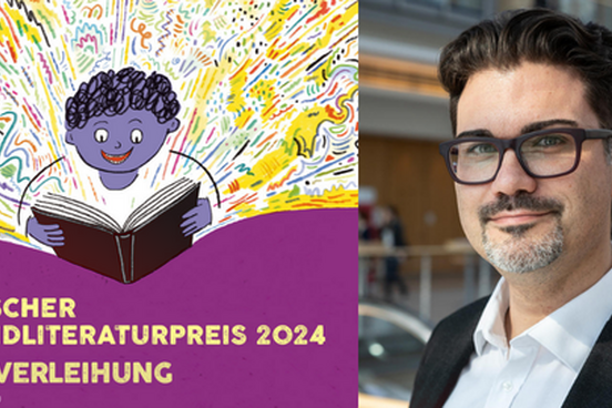 Logo Deutscher Jugendliteraturpreis und Prof. Dr. Jan Standke, Vorsitzender des AKJ